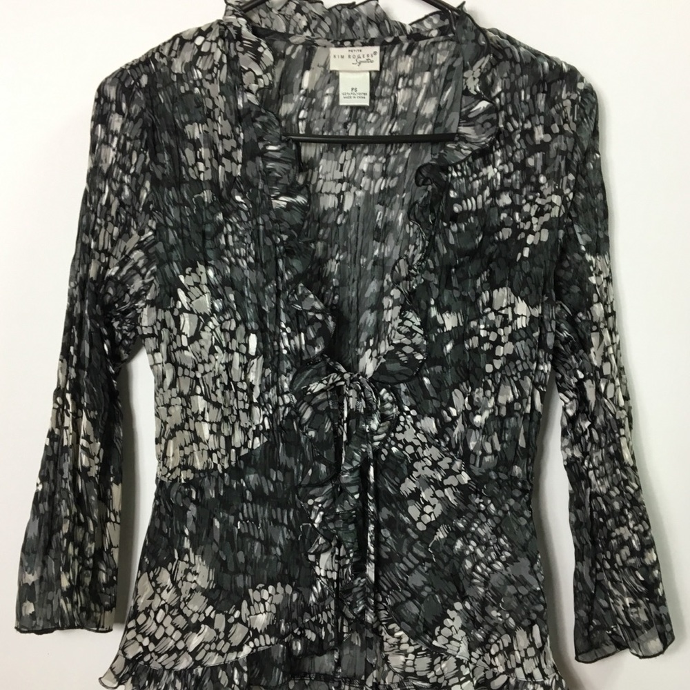 Kim Rogers Blouse‎ sheer Black White Size SP tie closed